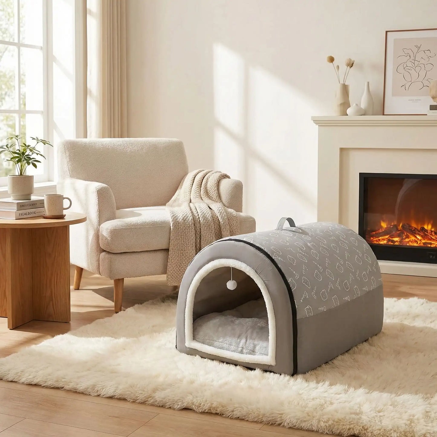 Niche-pour-chiot-anti-stress, en forme de grotte ou d'igloo semi-fermé pour une bonne isolation sonore qui protège du froid, un refuge sécurisé avec ubn coussin intérieur amovible et lavable en machine, structure robuste et pliable 100% imperméable et résistant, antidérapant, transportable avec sa poignée intégrée pour chiot de 0 à 15 kilos-disponible en gris et deux tailles M et M et L