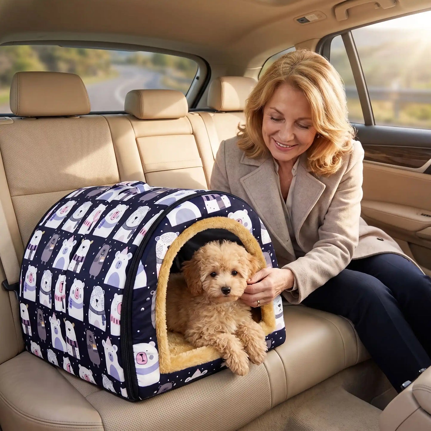 Niche-pour-chiot-petite-a-moyenne-race-pliable, résistante, en forme d'igloo au design sécurisant fermé en arc de cercle, intérieur en peluche douce et hypoallergénique avec un coussin rectangulaire au rembourrage 100% coton haute densité lavable, fond antidérapant et exterieur 100% imperméable, transportable avec sa poignée intégrée- un chiot de race moyenne couché confortablement dans sa niche à côté de sa maitresse qui le rassure par l'ouverture sur le devant sur les siège arrières de la voiture 