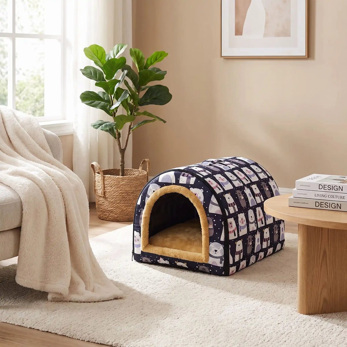 Niche-pour-chiot-petite-a-moyenne-race-pliable, résistante, en forme d'igloo au design sécurisant fermé en arc de cercle, intérieur en peluche douce et hypoallergénique avec un coussin rectangulaire au rembourrage 100% coton haute densité lavable, fond antidérapant et exterieur 100% imperméable, transportable avec sa poignée intégrée- gros plan sur la niche douillette, chaude sécurisante à 360° qui protège du sol froid et des courant d'air avec design mignons d'ours polaires dans le salon de l'appartement