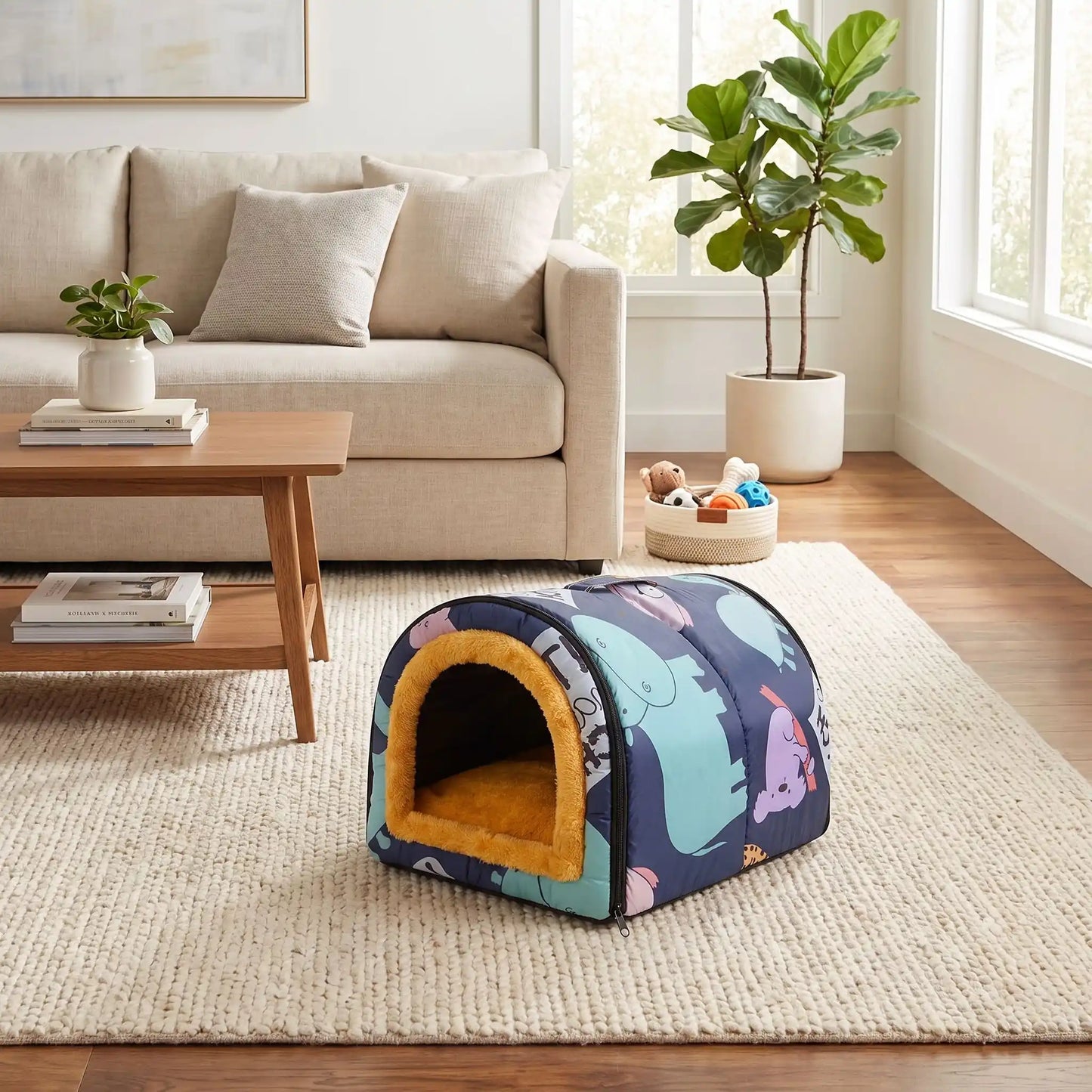 Niche-pour-chiot-petite-a-moyenne-race-pliable, résistante, en forme d'igloo au design sécurisant fermé en arc de cercle, intérieur en peluche douce et hypoallergénique avec un coussin rectangulaire au rembourrage 100% coton haute densité lavable, fond antidérapant et exterieur 100% imperméable, transportable avec sa poignée intégrée- gros plan sur la niche douillette chaude sécurisante à 360° qui protège du sol froid et des courant d'air avec design mignons d'animaux de la savane dans le salon de la maison
