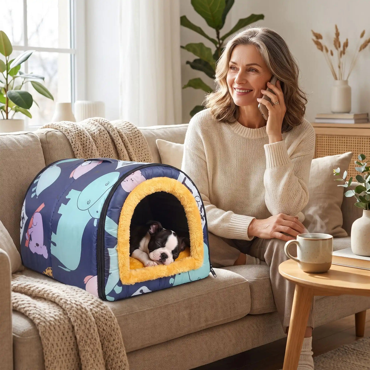 Niche-pour-chiot-petite-a-moyenne-race-pliable, résistante, en forme d'igloo au design sécurisant fermé en arc de cercle, intérieur en peluche douce et hypoallergénique avec un coussin rectangulaire au rembourrage 100% coton haute densité lavable, fond antidérapant et exterieur 100% imperméable, transportable avec sa poignée intégrée- un chiot de race moyenne qui dort paisiblement dans sa niche posé à côté de sa maitresse qui téléphone sur le canapé du salon de la maison