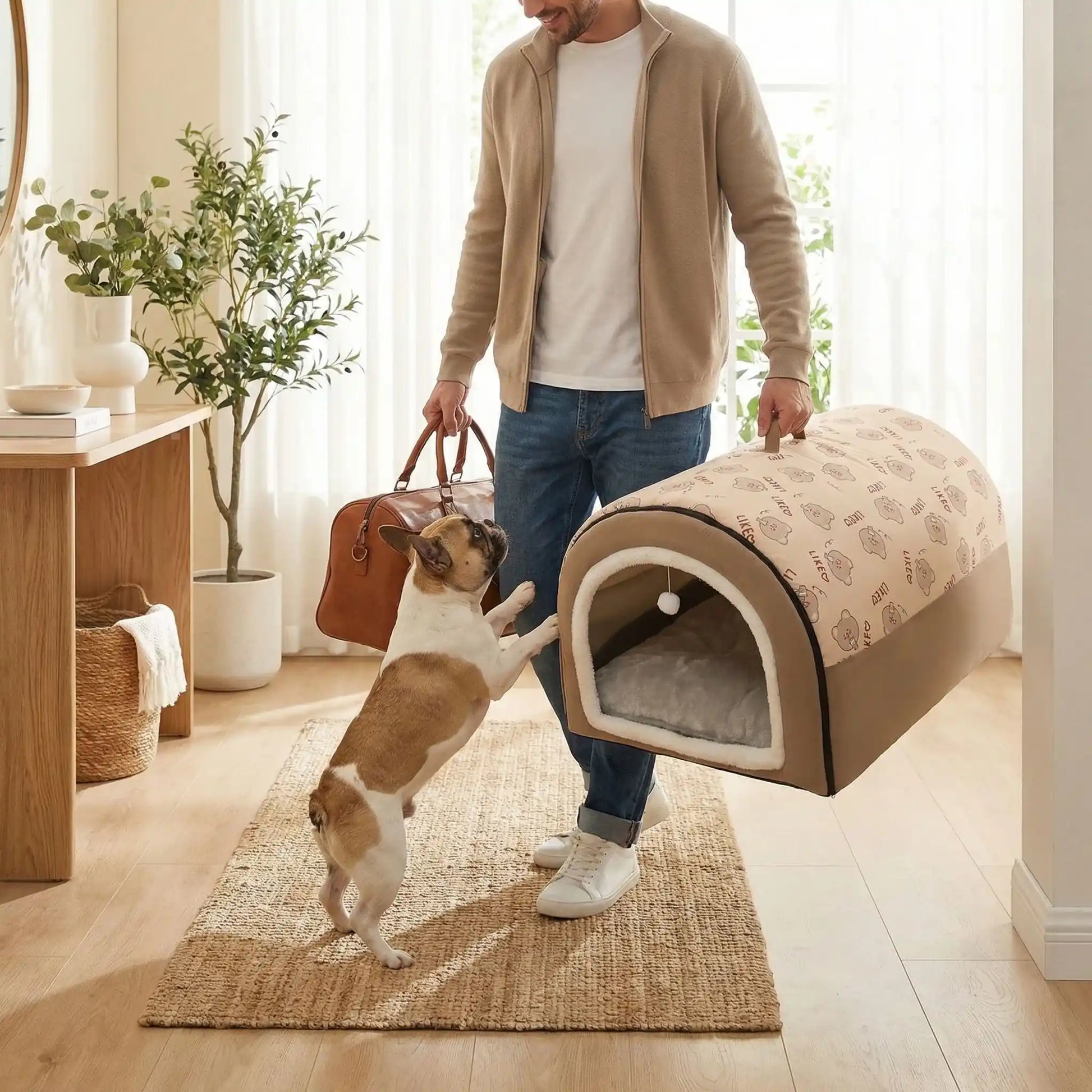 Niche-pour-chiot-anti-stress, en forme de grotte ou d'igloo semi-fermé pour une bonne isolation sonore qui protège du froid, un refuge sécurisé avec ubn coussin intérieur amovible et lavable en machine,structure robuste et pliable 100% imperméable et résistant, antidérapant, transportable avec sa poignée intégrée pour chiot de 0 à 15 kilos-n maitre qui transporte par la poignée la niche pour chiot avec son chiot qui saute sur lui tout heureux de partir en voyage