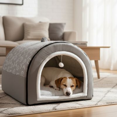 Niche-pour-chiot-anti-stress, en forme de grotte ou d'igloo semi-fermé pour une bonne isolation sonore qui protège du froid, un refuge sécurisé avec ubn coussin intérieur amovible et lavable en machine, structure robuste et pliable 100% imperméable et résistant, antidérapant, transportable avec sa poignée intégrée pour chiot de 0 à 15 kilos-un chiot qui dort paisiblement sur le flanc dans la niche chaude et semi fermée de couleur grise dans le salon de l'appartement en hiver