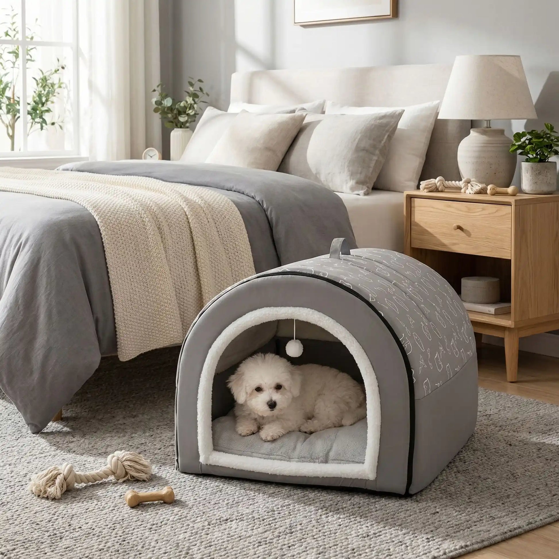 Niche-pour-chiot-anti-stress, en forme de grotte ou d'igloo semi-fermé pour une bonne isolation sonore qui protège du froid, un refuge sécurisé avec ubn coussin intérieur amovible et lavable en machine, structure robuste et pliable 100% imperméable et résistant, antidérapant, transportable avec sa poignée intégrée pour chiot de 0 à 15 kilos-un chiot de race coton de tuléar qui se repose paisiblement sur le flanc dans la niche chaude et semi fermée de couleur grise dans la chambre de la maison en hiver