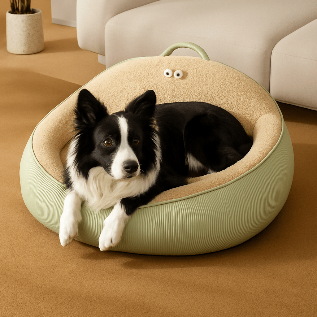 Panier-anti-stress-chien-apaisant-anti anxiété entourant et enveloppant avec rebord surélevé et dossier haut avec poignée de transport-chaud intérieur en imitation de peau de mouton et rembourrage 100% coton haute densité ergonomique pour chien de petite à moyenne tailles de 0 à 20 kg-lavable en machine-antidérapant et imperméable-un chien moyen couché confortablement et heureux dans son lit ovale au design mignon dans le salon de la maison