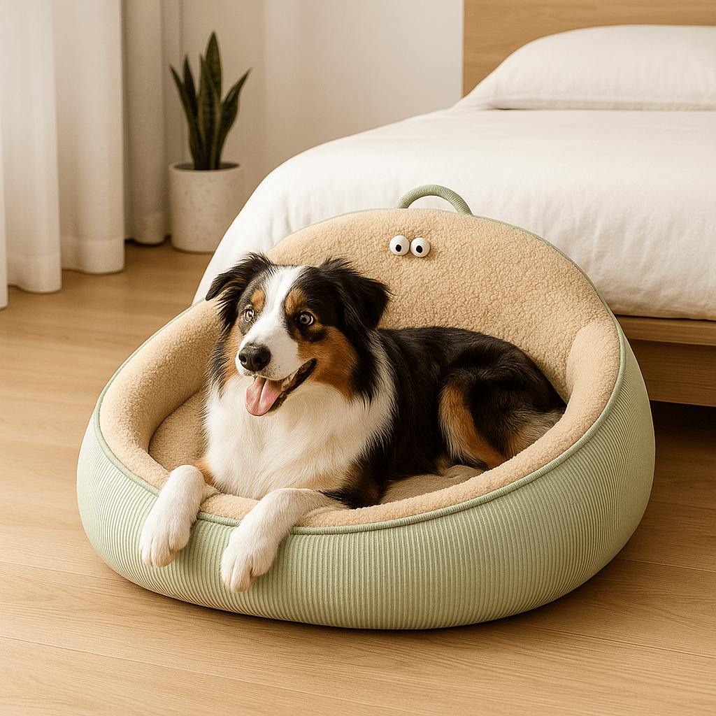 Panier-anti-stress-chien-apaisant-anti anxiété entourant et enveloppant avec rebord surélevé et dossier haut avec poignée de transport-chaud intérieur en imitation de peau de mouton et rembourrage 100% coton haute densité ergonomique pour chien de petite à moyenne tailles de 0 à 20 kg-lavable en machine-antidérapant et imperméable-un chien de taille moyenne couché confortablement et heureux dans son lit ovale au design mignon dans la chambre de la maison