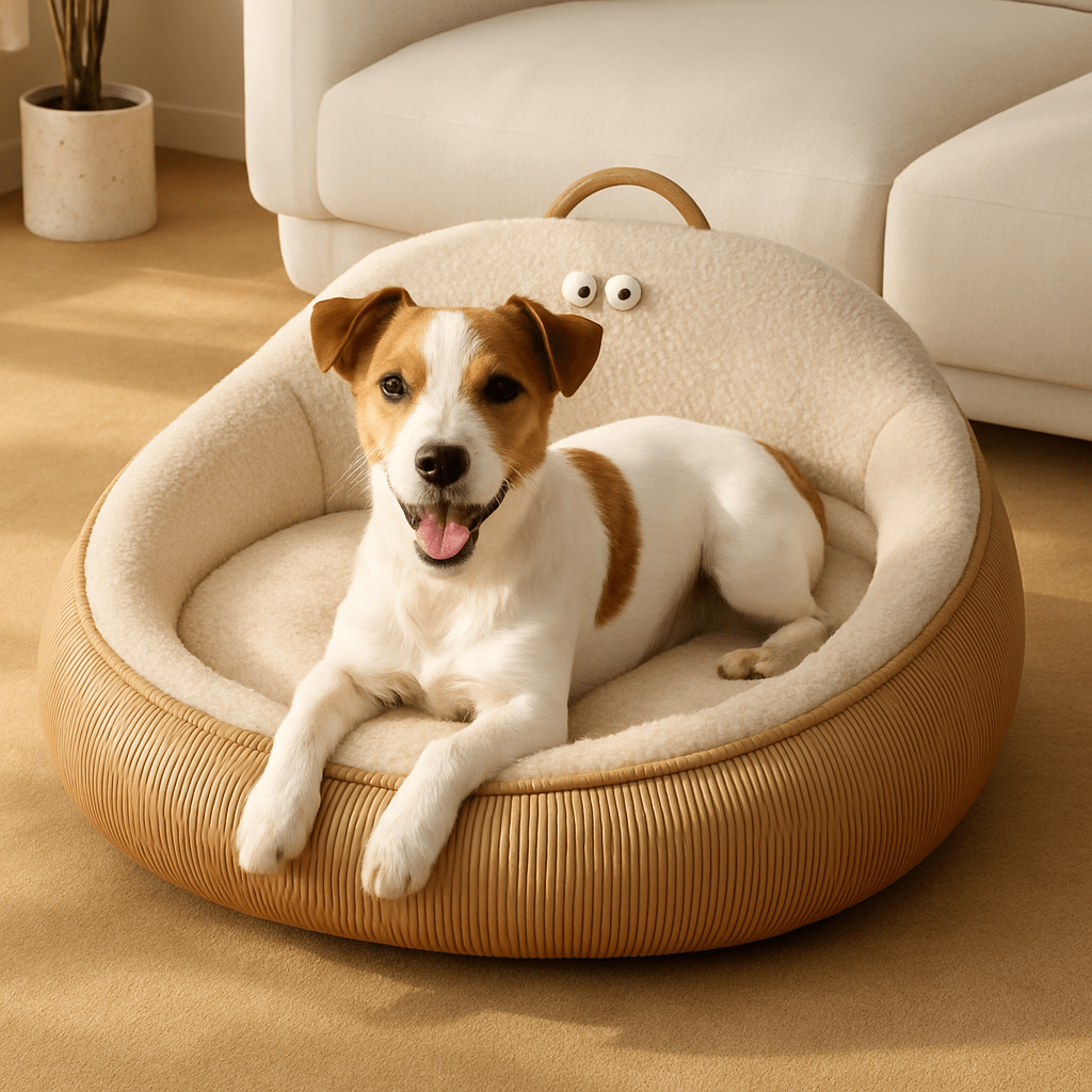 Panier-anti-stress-chien-apaisant-anti anxiété entourant et enveloppant avec rebord surélevé et dossier haut avec poignée de transport-chaud intérieur en imitation de peau de mouton et rembourrage 100% coton haute densité ergonomique pour chien de petite à moyenne tailles de 0 à 20 kg-lavable en machine-antidérapant et imperméable-un petit chien couché confortablement et heureux dans son lit ovale au design mignon dans le salon de l'appartement