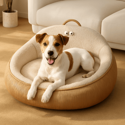 Panier-anti-stress-chien-apaisant-anti anxiété entourant et enveloppant avec rebord surélevé et dossier haut avec poignée de transport-chaud intérieur en imitation de peau de mouton et rembourrage 100% coton haute densité ergonomique pour chien de petite à moyenne tailles de 0 à 20 kg-lavable en machine-antidérapant et imperméable-un petit chien couché confortablement et heureux dans son lit ovale au design mignon dans le salon de l'appartement