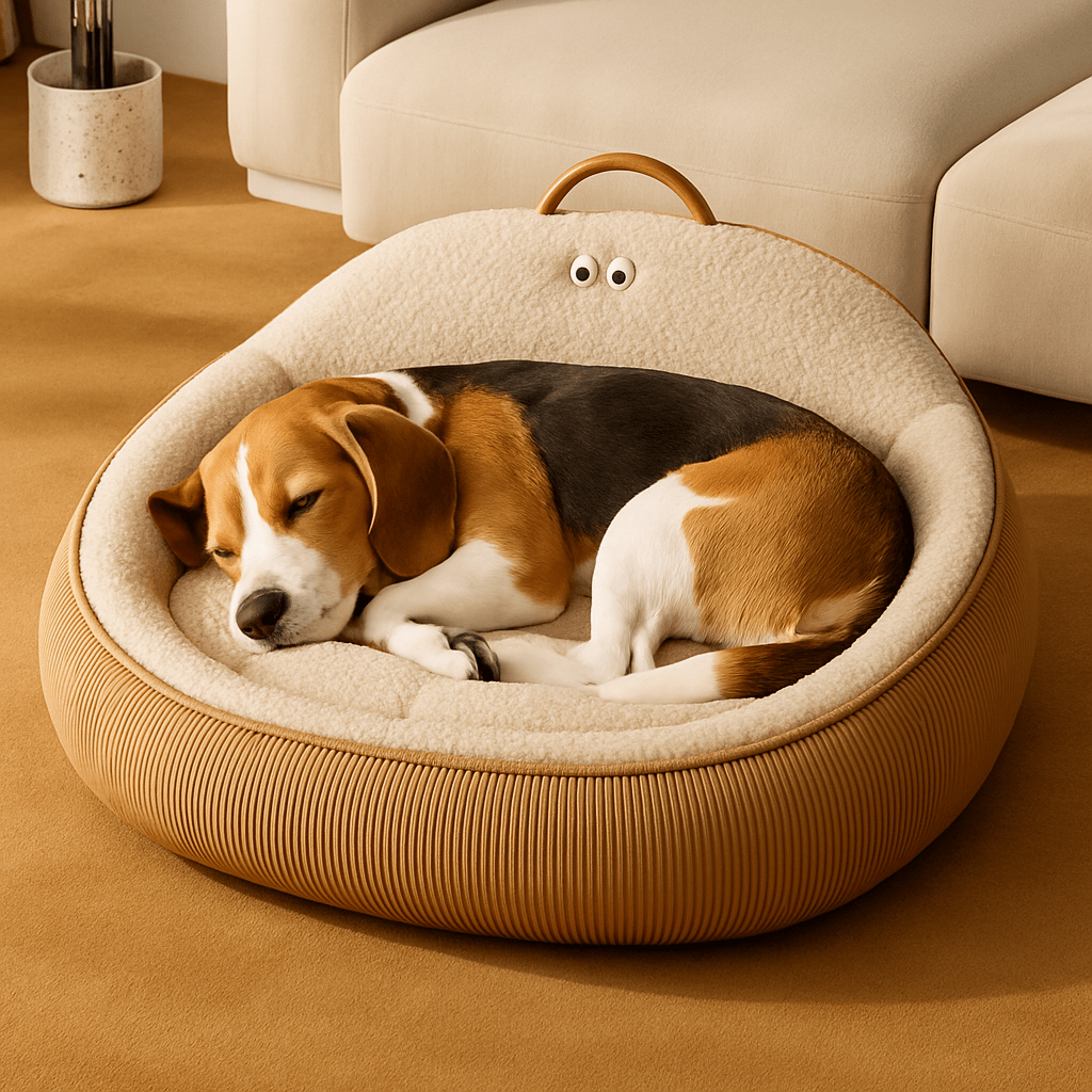 Panier-anti-stress-chien-apaisant-anti anxiété entourant et enveloppant avec rebord surélevé et dossier haut avec poignée de transport-chaud intérieur en imitation de peau de mouton et rembourrage 100% coton haute densité ergonomique pour chien de petite à moyenne tailles de 0 à 20 kg-lavable en machine-antidérapant et imperméable-un chien de taille moyenne qui dort paisiblement dans son lit ovale taille L au design mignon dans le salon de la maison