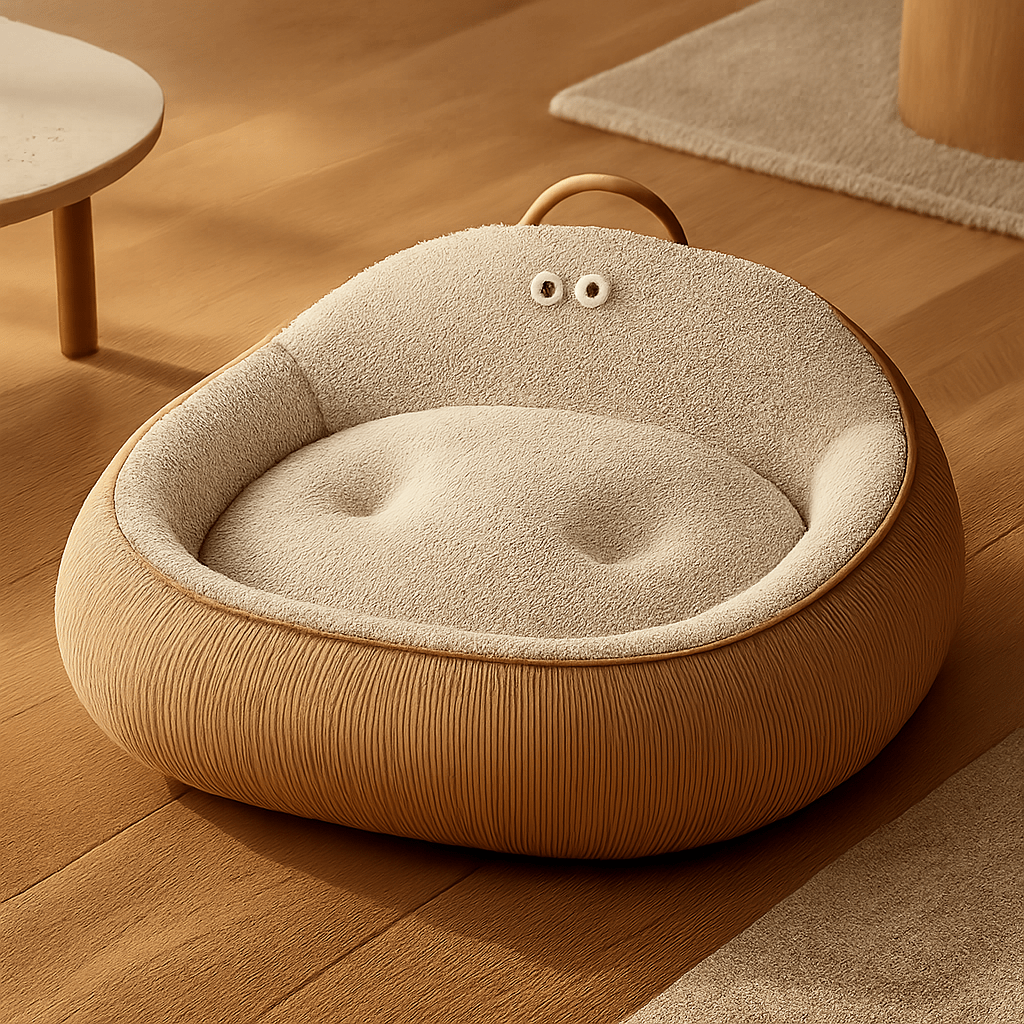 Panier-anti-stress-chien-apaisant-anti anxiété entourant et enveloppant avec rebord surélevé et dossier haut avec poignée de transport-chaud intérieur en imitation de peau de mouton et rembourrage 100% coton haute densité ergonomique pour chien de petite à moyenne tailles de 0 à 20 kg-lavable en machine-antidérapant et imperméable-marron et beige