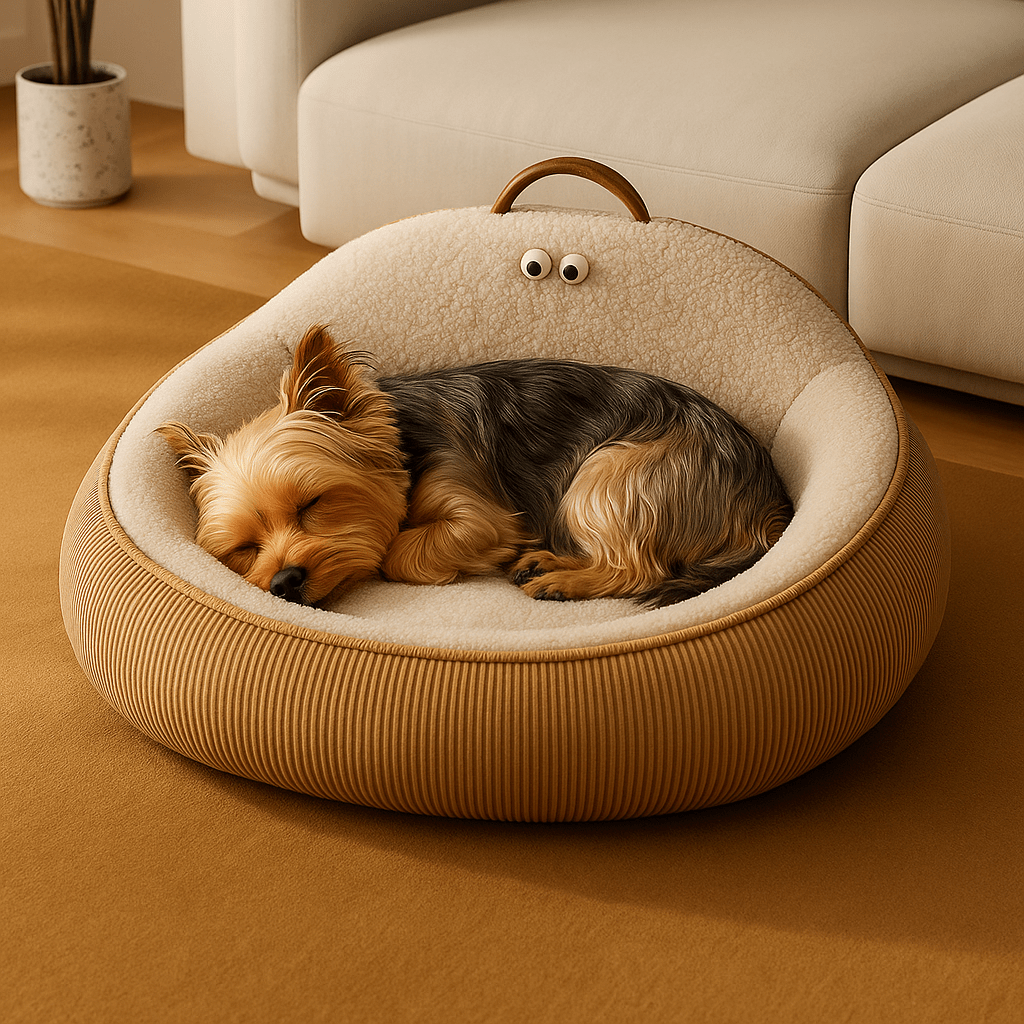 Panier-anti-stress-chien-apaisant-anti anxiété entourant et enveloppant avec rebord surélevé et dossier haut avec poignée de transport-chaud intérieur en imitation de peau de mouton et rembourrage 100% coton haute densité ergonomique pour chien de petite à moyenne tailles de 0 à 20 kg-lavable en machine-antidérapant et imperméable-un chien de petite taille qui dort paisiblement dans son lit ovale taille M au design mignon dans le salon de l'appartement