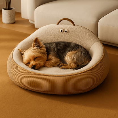 Panier-anti-stress-chien-apaisant-anti anxiété entourant et enveloppant avec rebord surélevé et dossier haut avec poignée de transport-chaud intérieur en imitation de peau de mouton et rembourrage 100% coton haute densité ergonomique pour chien de petite à moyenne tailles de 0 à 20 kg-lavable en machine-antidérapant et imperméable-un chien de petite taille qui dort paisiblement dans son lit ovale taille M au design mignon dans le salon de l'appartement