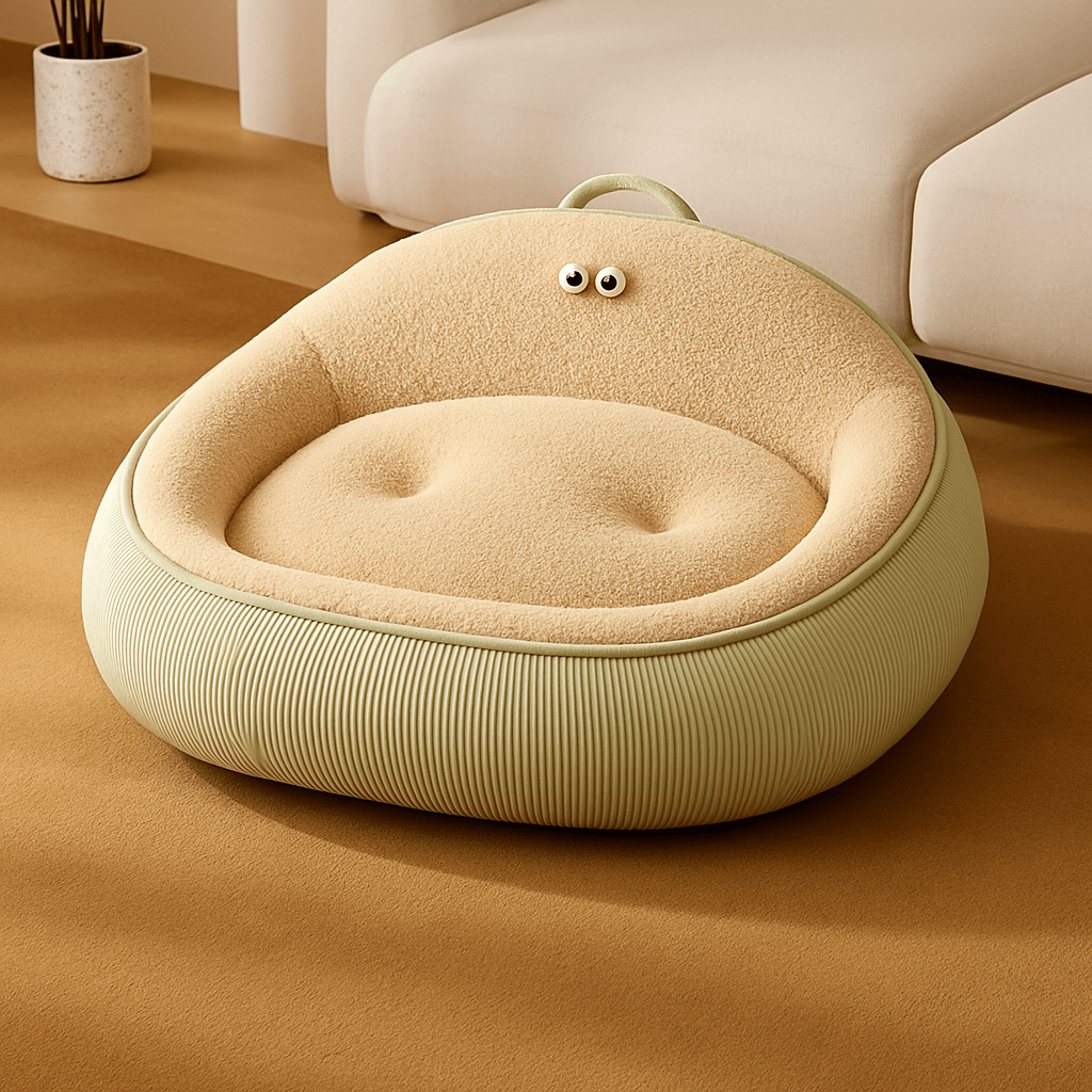 Panier-anti-stress-chien-apaisant-anti anxiété entourant et enveloppant avec rebord surélevé et dossier haut avec poignée de transport-chaud intérieur en imitation de peau de mouton et rembourrage 100% coton haute densité ergonomique pour chien de petite à moyenne tailles de 0 à 20 kg-lavable en machine-antidérapant et imperméable-vert et beige