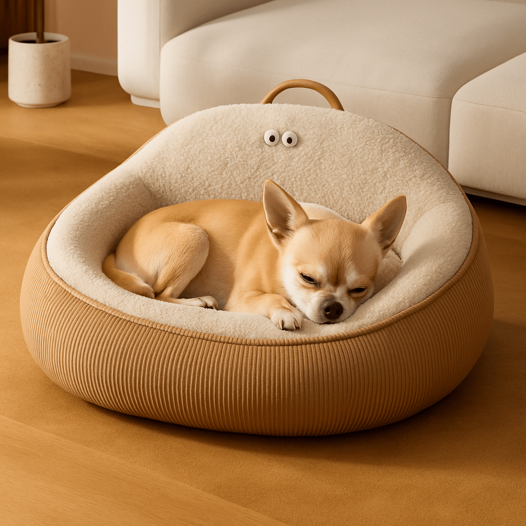 Panier-anti-stress-chien-apaisant-anti anxiété entourant et enveloppant avec rebord surélevé et dossier haut avec poignée de transport-chaud intérieur en imitation de peau de mouton et rembourrage 100% coton haute densité ergonomique pour chien de petite à moyenne tailles de 0 à 20 kg-lavable en machine-antidérapant et imperméable-un chien nain qui dort paisiblement dans son lit ovale taille S au design mignon dans le salon de l'appartement