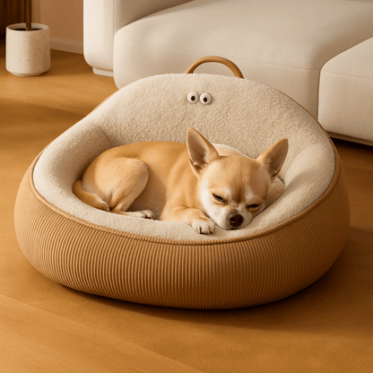 Panier-anti-stress-chien-apaisant-anti anxiété entourant et enveloppant avec rebord surélevé et dossier haut avec poignée de transport-chaud intérieur en imitation de peau de mouton et rembourrage 100% coton haute densité ergonomique pour chien de petite à moyenne tailles de 0 à 20 kg-lavable en machine-antidérapant et imperméable-un chien nain qui dort paisiblement dans son lit ovale taille S au design mignon dans le salon de l'appartement