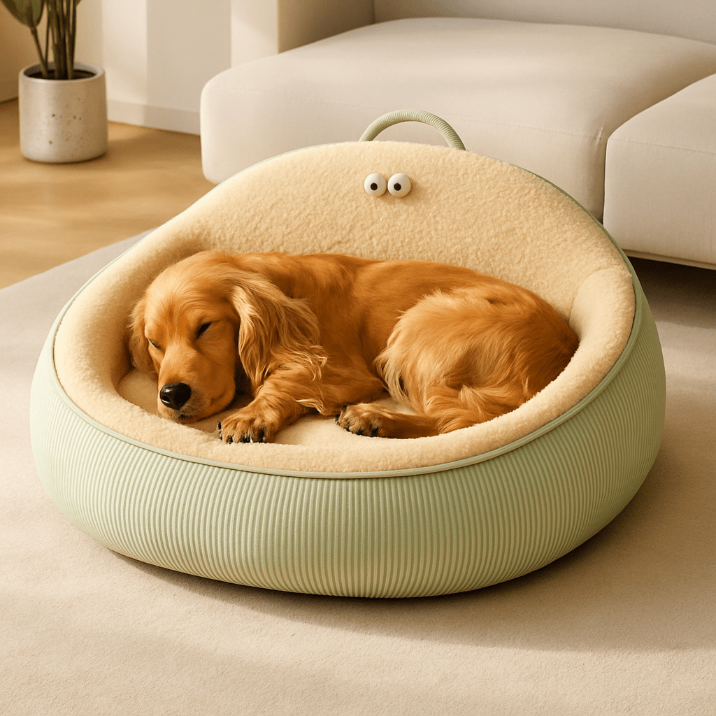 Panier-anti-stress-chien-apaisant-anti anxiété entourant et enveloppant avec rebord surélevé et dossier haut avec poignée de transport-chaud intérieur en imitation de peau de mouton et rembourrage 100% coton haute densité ergonomique pour chien de petite à moyenne tailles de 0 à 20 kg-lavable en machine-antidérapant et imperméable-un chien à poils longs de taille moyenne qui dort paisiblement dans son lit ovale taille XL au design mignon dans le salon de la maison