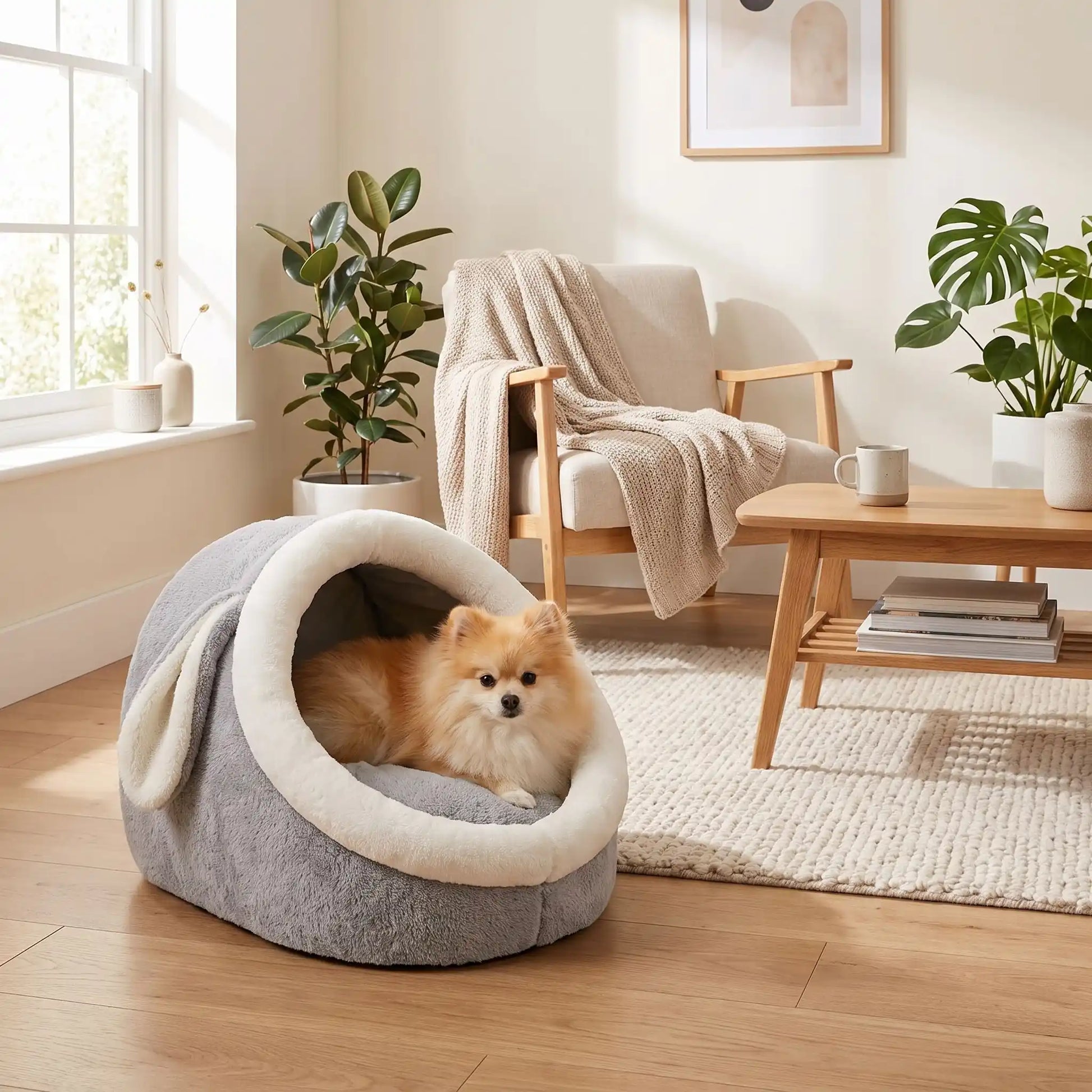 Panier-chien-chiot-niche-anti-stress, conception semie fermée avec toit et coussin amovible en velours rembourrage 100% coton PP, niche en peluche douce et design mignon avec oreilles de lapin, fond antidérapant et imperméable, lavable en machine pour chiot et chien de petite race de 0 à 3 kg-un chiot de race miniature couché confortablement dans son panier avec toit en dôme comme une cabane en peluche douce et oreilles de lapin de couleur rose et blanc dans le salon de l'appartement