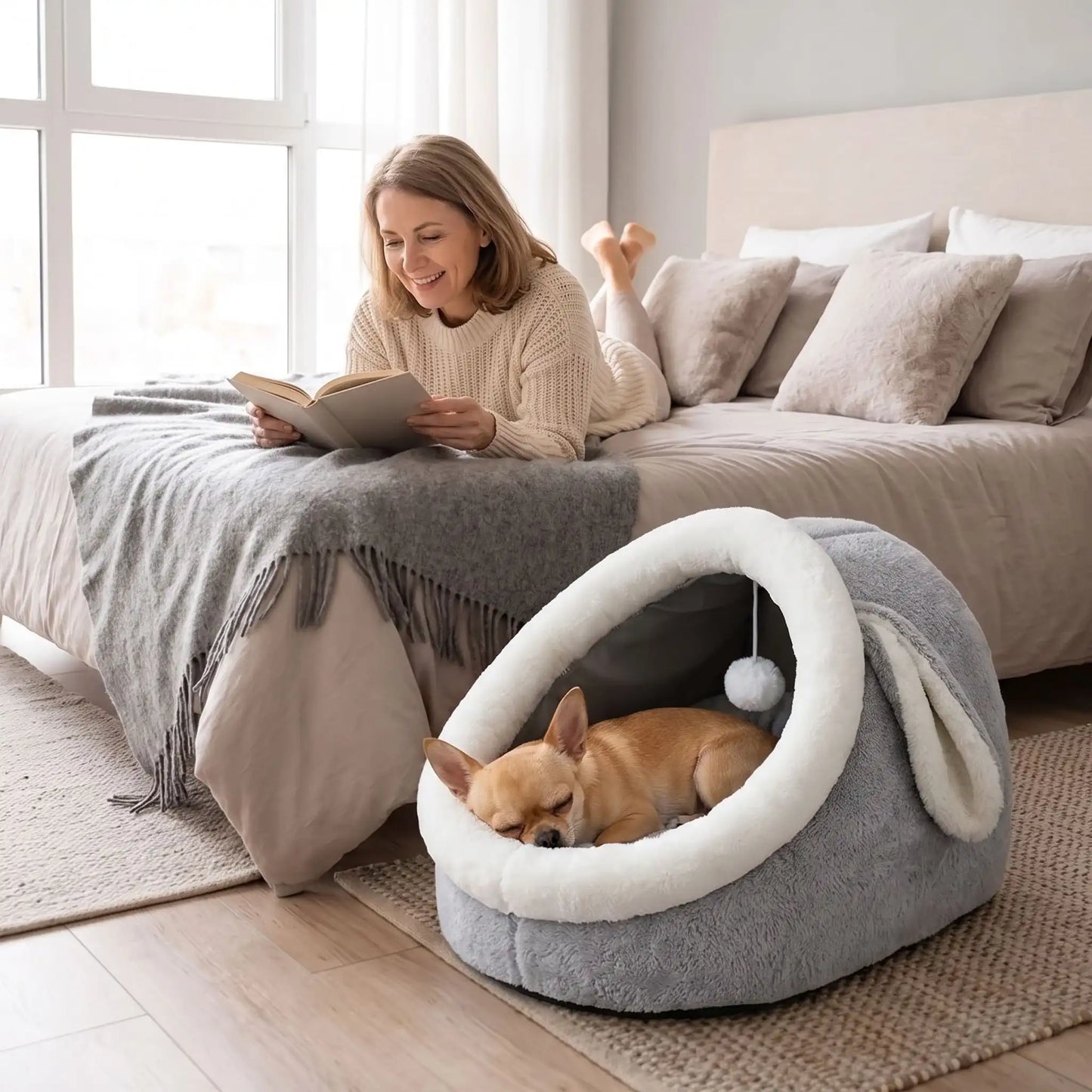 Panier-chien-chiot-niche-anti-stress, conception semie fermée avec toit et coussin amovible en velours rembourrage 100% coton PP, niche en peluche douce et design mignon avec oreilles de lapin, fond antidérapant et imperméable, lavable en machine pour chiot et chien de petite race de 0 à 3 kg-un chiot de race naine qui dort paisiblement dans son panier avec toit en dôme comme une cabane en peluche douce et oreilles de lapin de couleur gris et blanc au pied du lit de sa maitresse dans la chambre de la maison