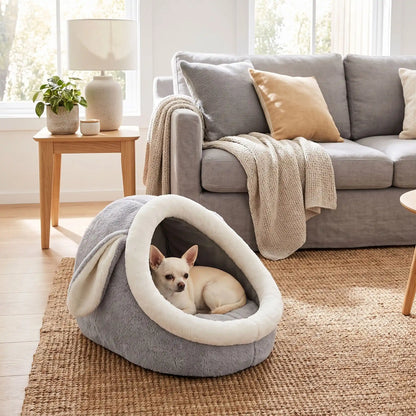 Panier-chien-chiot-niche-anti-stress, conception semie fermée avec toit et coussin amovible en velours rembourrage 100% coton PP, niche en peluche douce et design mignon avec oreilles de lapin, fond antidérapant et imperméable, lavable en machine pour chiot et chien de petite race de 0 à 3 kg-un chiot de taille miniature couché confortablement dans son panier avec toit en dôme comme une cabane en peluche douce et oreilles de lapin de couleur gris et blanc dans le salon de la maison