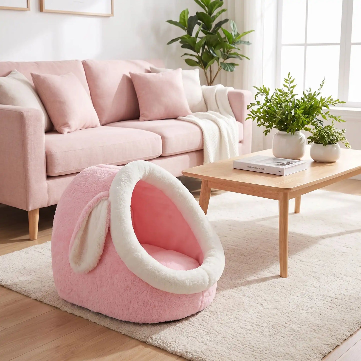 Panier-chien-chiot-niche-anti-stress, conception semie fermée avec toit et coussin amovible en velours rembourrage 100% coton PP, niche en peluche douce et design mignon avec oreilles de lapin, fond antidérapant et imperméable, lavable en machine pour chiot et chien de petite race de 0 à 3 kg-gros plan sur le panier avec toit en dôme comme une cabane en peluche douce et oreilles de lapin de couleur rose et blanc au pied du lit de ses maitres dans le salon de l'appartement