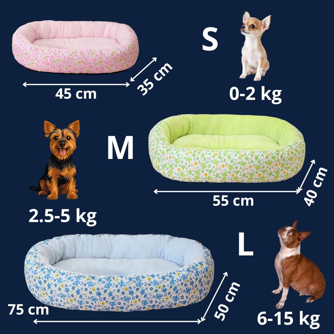 Panier-chien-coussin-4-saisons, 100% coton haute densité, ergonomique et rembourré, avec rebord surélevé épais à 360° pour un effet anti stress, entourant et enveloppant-coussin intérieur moelleux qui soutient et protège les articulations, lavable en machine et antidérapant-couchage pour chiot et chien de petite à moyenne taille de 0 à 15 kilos max-guide des tailles S, M et L et dimensions détaillées avec correspondance du poids du chien en illustration et photos, disponible en 3 couleurs, rose, bleu ,vert