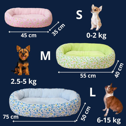Panier-chien-coussin-4-saisons, 100% coton haute densité, ergonomique et rembourré, avec rebord surélevé épais à 360° pour un effet anti stress, entourant et enveloppant-coussin intérieur moelleux qui soutient et protège les articulations, lavable en machine et antidérapant-couchage pour chiot et chien de petite à moyenne taille de 0 à 15 kilos max-guide des tailles S, M et L et dimensions détaillées avec correspondance du poids du chien en illustration et photos, disponible en 3 couleurs, rose, bleu ,vert