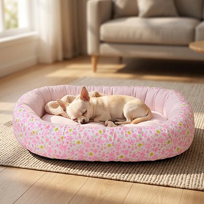 Panier-chien-coussin-4-saisons, 100% coton haute densité, ergonomique et rembourré, avec rebord surélevé épais à 360° pour un effet anti stress, entourant et enveloppant-coussin intérieur moelleux qui soutient et protège les articulations, lavable en machine et antidérapant-couchage pour chiot et chien de petite à moyenne taille de 0 à 15 kilos max-un chien de race naine qui dort paisiblement dans le panier ovale de couleur rose entouré et sécurisé par le rebord surélevé dans la chambre de l'appartement