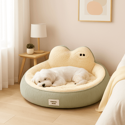 Panier-chien-déhoussable-design de canapé-antidérapant, imperméable et lavable en machine-housse en peluche en imitation peau de mouton ultra-doux et chaud-rembourrage 100% coton haute densité ergonomique-dossier au design mignon avec yeux de dessins animées-forme ovale et arrondi pour chiot et chien de petite à moyenne taille de 0 à 20 kg – un petit chien qui dort paisiblement sur le ventre allongé de tout son long dans son panier entourant et apaisant dans la chambre de la maison