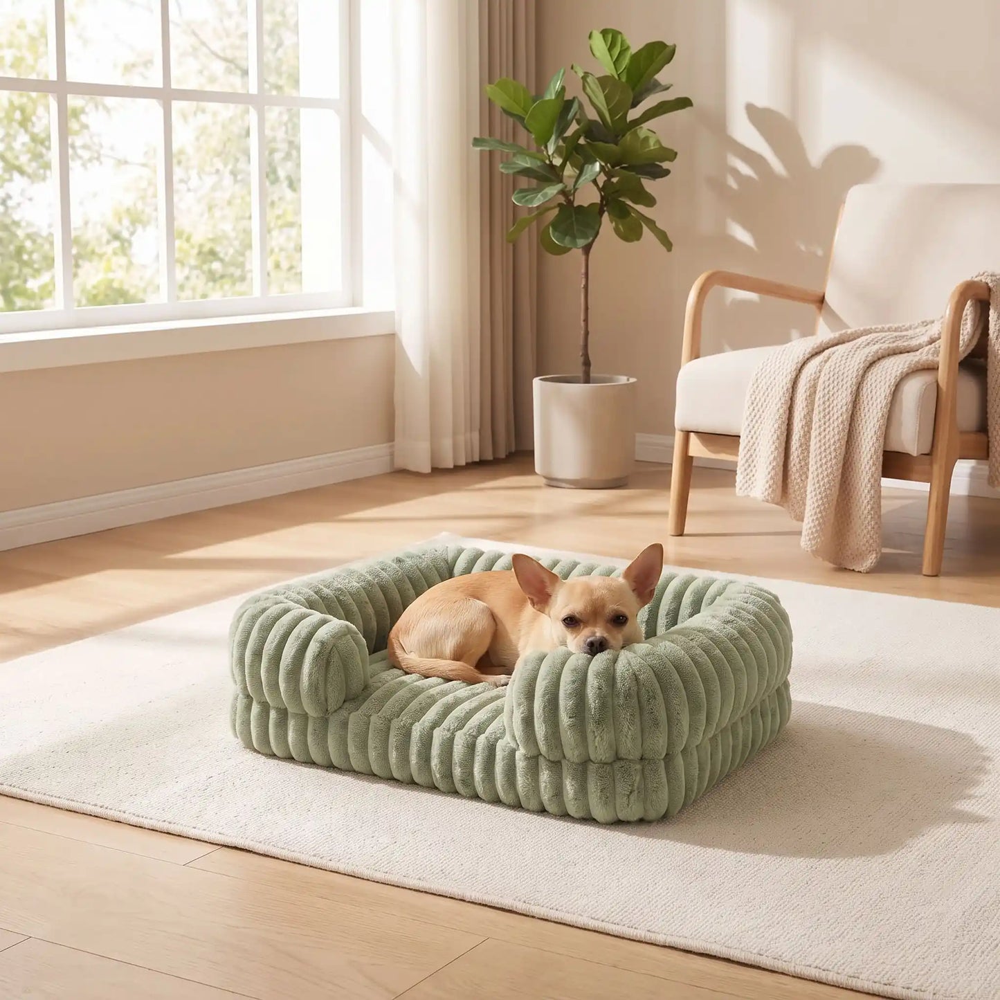 Panier-chien-déhoussable-design de canapé-antidérapant, imperméable et lavable en machine-housse en velours ultra-doux, résistant et chaud-rebord cylindrique entourant en U avec rembourrage 100% coton haute densité ergonomique-matelas orthopédique haute résilience du S au XL, de forme rectangulaire avec entrée devant pour chiot et chien de petite à grande de 0 à 40 kg – un petit chien qui se repose confortablement la tête reposant sur le rebord de son panier entourant et apaisant de couleur vert clair