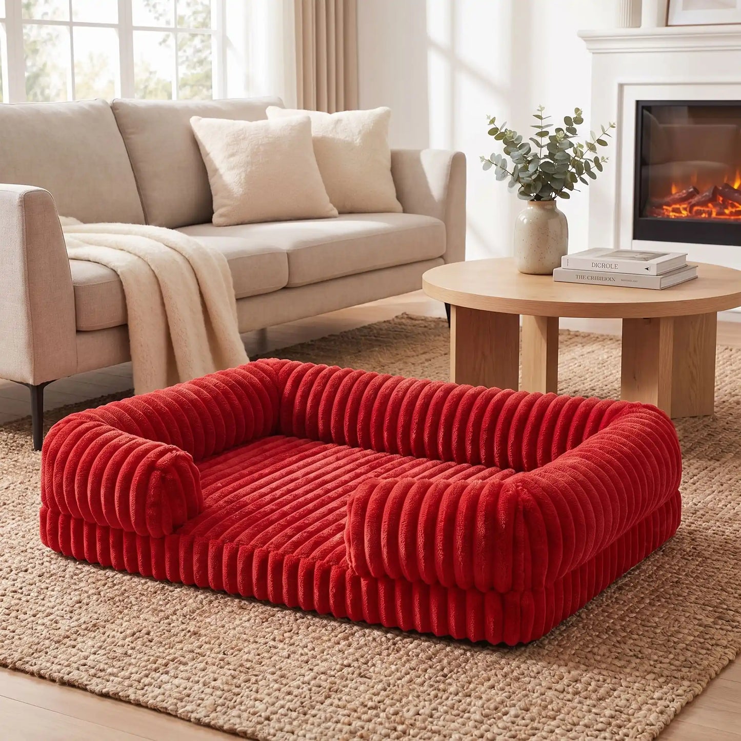 Panier-chien-déhoussable-design de canapé-antidérapant, imperméable et lavable en machine-housse en velours ultra-doux, résistant et chaud-rebord cylindrique entourant en U avec rembourrage 100% coton haute densité ergonomique-matelas orthopédique haute résilience du S au XL, de forme rectangulaire avec entrée devant pour chiot et chien de petite à grande de 0 à 40 kg – gros plan sur le panier entourant et apaisant de couleur rouge de taille xl sur le sol du salon de l'appartement