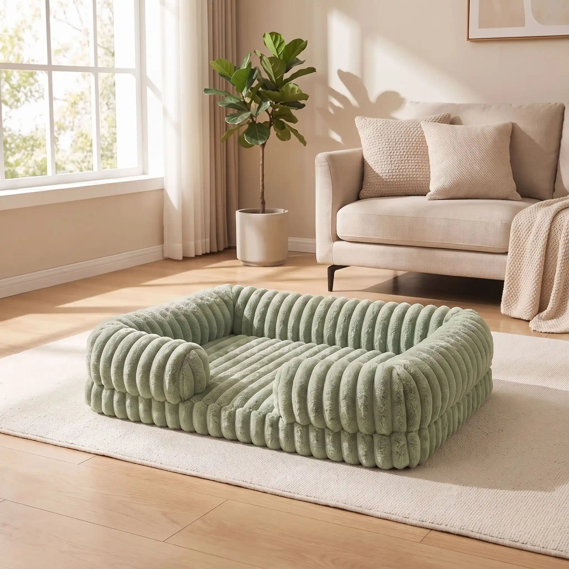 Panier-chien-déhoussable-design de canapé-antidérapant, imperméable et lavable en machine-housse en velours ultra-doux, résistant et chaud-rebord cylindrique entourant en U avec rembourrage 100% coton haute densité ergonomique-matelas orthopédique haute résilience du S au XL, de forme rectangulaire avec entrée devant pour chiot et chien de petite à grande de 0 à 40 kg – gros plan sur le panier entourant et apaisant de couleur vert pastel de taille xl sur le sol du salon de la maison