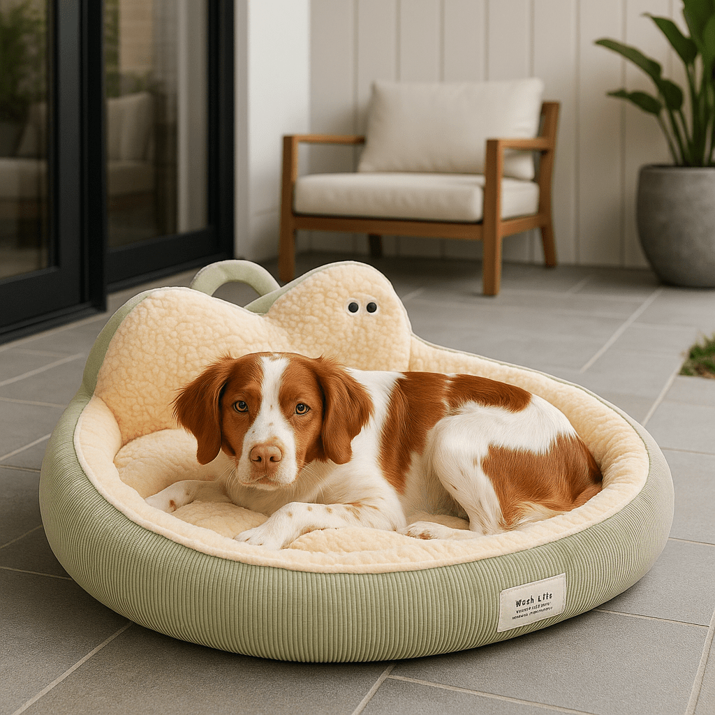 Panier-chien-déhoussable-design de canapé-antidérapant, imperméable et lavable en machine-housse en peluche en imitation peau de mouton ultra-doux et chaud-rembourrage 100% coton haute densité ergonomique-dossier au design mignon avec yeux de dessins animées-forme ovale et arrondi pour chiot et chien de petite à moyenne taille de 0 à 20 kg – un chien de taille moyenne couché confortablement sur le ventre allongé de tout son long dans son panier entourant et apaisant sur la terrasse de l'appartement