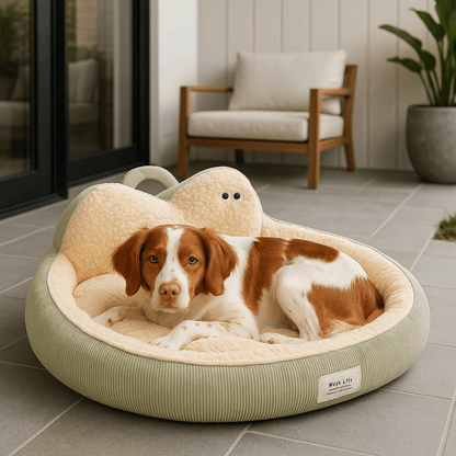 Panier-chien-déhoussable-design de canapé-antidérapant, imperméable et lavable en machine-housse en peluche en imitation peau de mouton ultra-doux et chaud-rembourrage 100% coton haute densité ergonomique-dossier au design mignon avec yeux de dessins animées-forme ovale et arrondi pour chiot et chien de petite à moyenne taille de 0 à 20 kg – un chien de taille moyenne couché confortablement sur le ventre allongé de tout son long dans son panier entourant et apaisant sur la terrasse de l'appartement