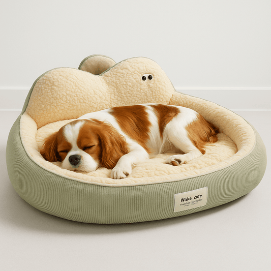 Panier-chien-déhoussable-design de canapé-antidérapant, imperméable et lavable en machine-housse en peluche en imitation peau de mouton ultra-doux et chaud-rembourrage 100% coton haute densité ergonomique-dossier au design mignon avec yeux de dessins animées-forme ovale et arrondi pour chiot et chien de petite à moyenne taille de 0 à 20 kg – un Cavalier King Charles qui dort paisiblement sur le ventre allongé de tout son long dans son panier entourant et apaisant de couleur vert clair