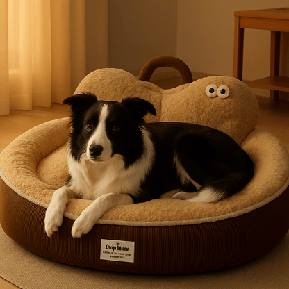 Panier-chien-déhoussable-design de canapé-antidérapant, imperméable et lavable en machine-housse en peluche en imitation peau de mouton ultra-doux et chaud-rembourrage 100% coton haute densité ergonomique-dossier au design mignon avec yeux de dessins animées-forme ovale et arrondi pour chiot et chien de petite à moyenne taille de 0 à 20 kg – un chien à poils long et de taille moyenne couché confortablement sur le ventre allongé de tout son long dans son panier entourant et apaisant marron douillet 