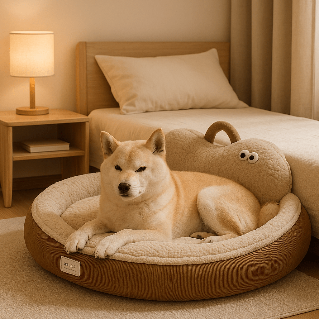 Panier-chien-déhoussable-design de canapé-antidérapant, imperméable et lavable en machine-housse en peluche en imitation peau de mouton ultra-doux et chaud-rembourrage 100% coton haute densité ergonomique-dossier au design mignon avec yeux de dessins animées-forme ovale et arrondi pour chiot et chien de petite à moyenne taille de 0 à 20 kg – un chien moyen blanc couché confortablement sur le ventre allongé de tout son long dans son panier entourant et apaisant dans la chambre de la maison