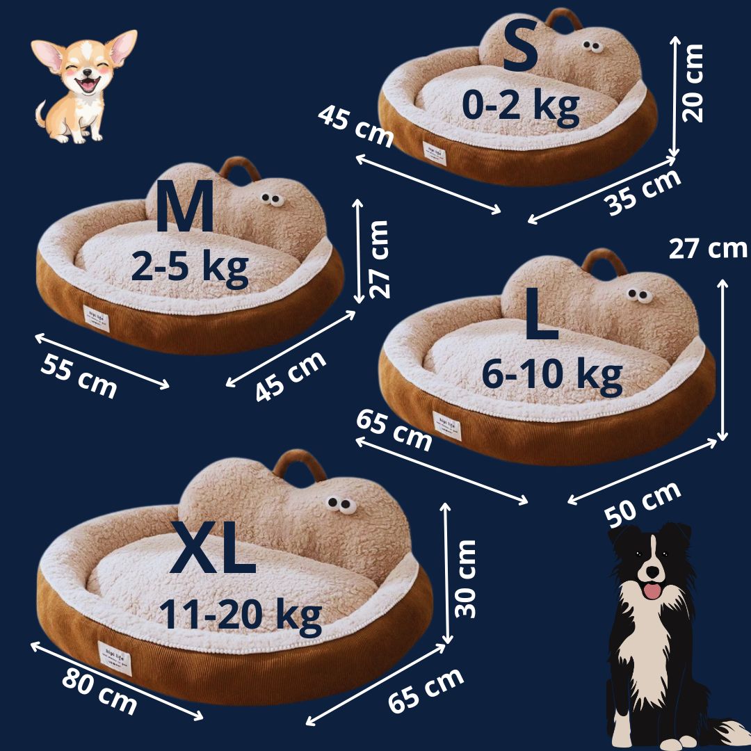 Panier-chien-déhoussable-design de canapé-antidérapant, imperméable et lavable en machine-housse en peluche en imitation peau de mouton ultra-doux et chaud-rembourrage 100% coton haute densité ergonomique-dossier au design mignon avec yeux de dessins animées-forme ovale et arrondi pour chiot et chien de petite à moyenne taille de 0 à 20 kg – guide des tailles, 4 tailles S, M, L et XL et correspondances et dimensions détaillées pour tout poids de chien en images 