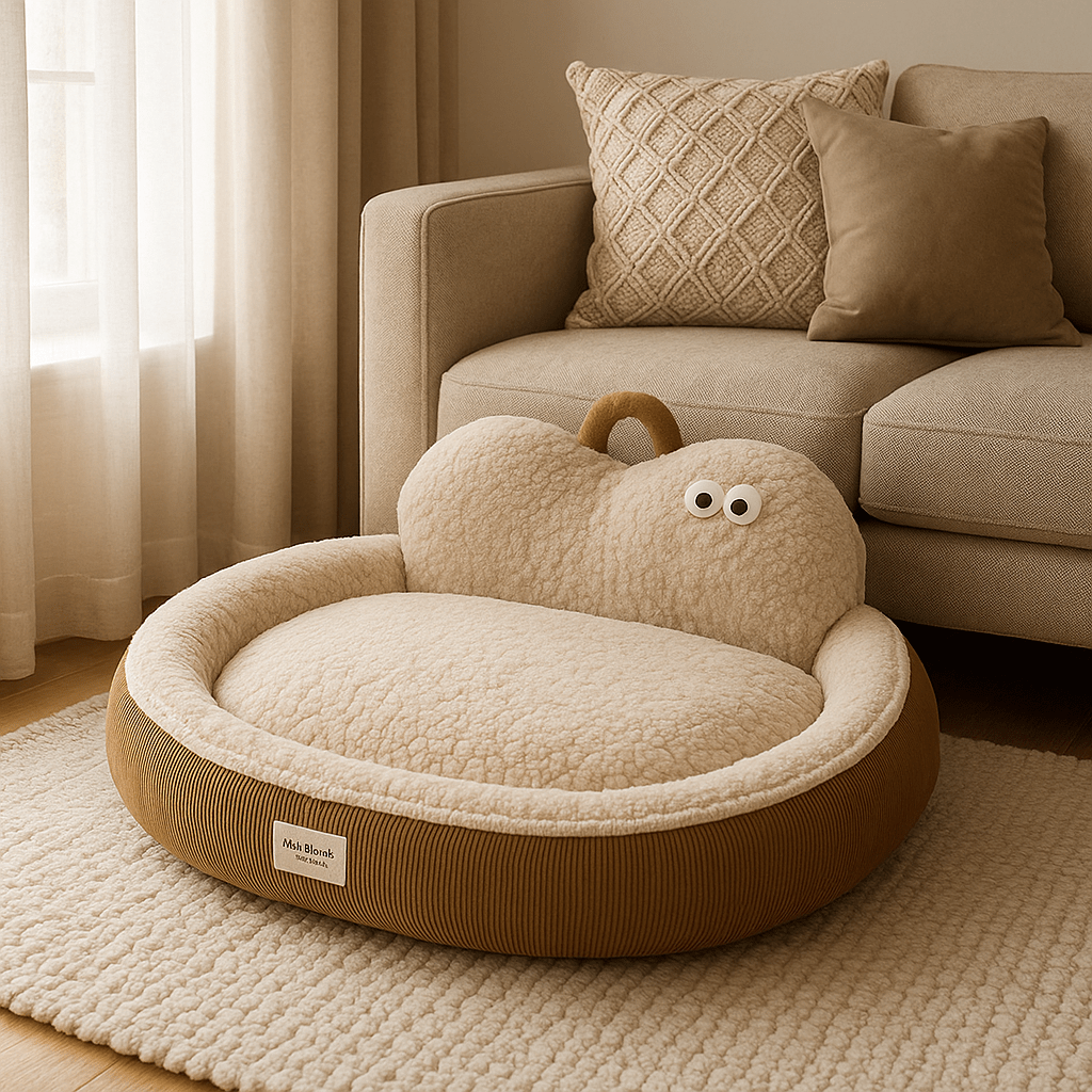 Panier-chien-déhoussable-design de canapé-antidérapant, imperméable et lavable en machine-housse en peluche en imitation peau de mouton ultra-doux et chaud-rembourrage 100% coton haute densité ergonomique-dossier au design mignon avec yeux de dessins animées-forme ovale et arrondi pour chiot et chien de petite à moyenne taille de 0 à 20 kg –couleur marron et beige-douillet avec poignée de transport