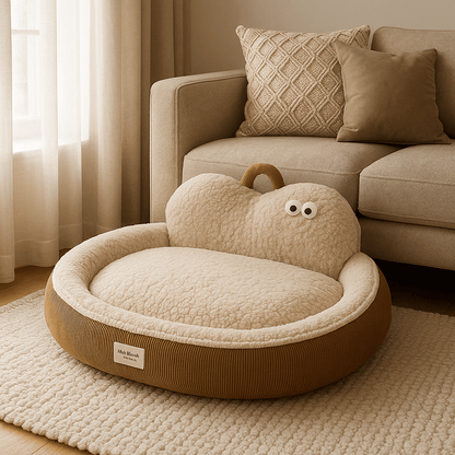 Panier-chien-déhoussable-design de canapé-antidérapant, imperméable et lavable en machine-housse en peluche en imitation peau de mouton ultra-doux et chaud-rembourrage 100% coton haute densité ergonomique-dossier au design mignon avec yeux de dessins animées-forme ovale et arrondi pour chiot et chien de petite à moyenne taille de 0 à 20 kg –couleur marron et beige-douillet avec poignée de transport