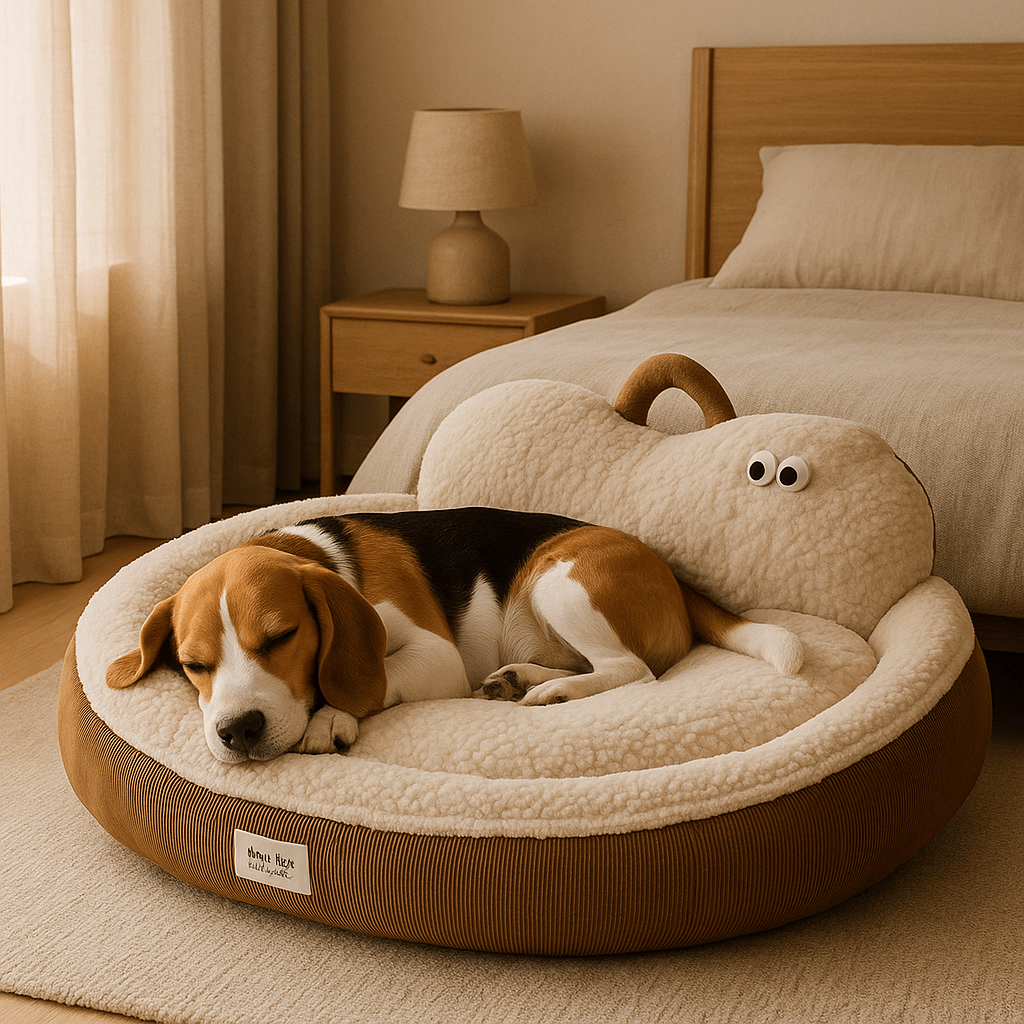 Panier-chien-déhoussable-design de canapé-antidérapant, imperméable et lavable en machine-housse en peluche en imitation peau de mouton ultra-doux et chaud-rembourrage 100% coton haute densité ergonomique-dossier au design mignon avec yeux de dessins animées-forme ovale et arrondi pour chiot et chien de petite à moyenne taille de 0 à 20 kg – un chien de taille moyenne qui dort paisiblement niché sur les rebords et le dossier rembourré dans son panier entourant et apaisant dans la chambre de la maison