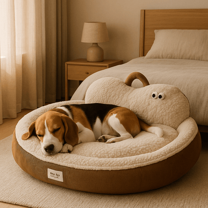 Panier-chien-déhoussable-design de canapé-antidérapant, imperméable et lavable en machine-housse en peluche en imitation peau de mouton ultra-doux et chaud-rembourrage 100% coton haute densité ergonomique-dossier au design mignon avec yeux de dessins animées-forme ovale et arrondi pour chiot et chien de petite à moyenne taille de 0 à 20 kg – un chien de taille moyenne qui dort paisiblement niché sur les rebords et le dossier rembourré dans son panier entourant et apaisant dans la chambre de la maison