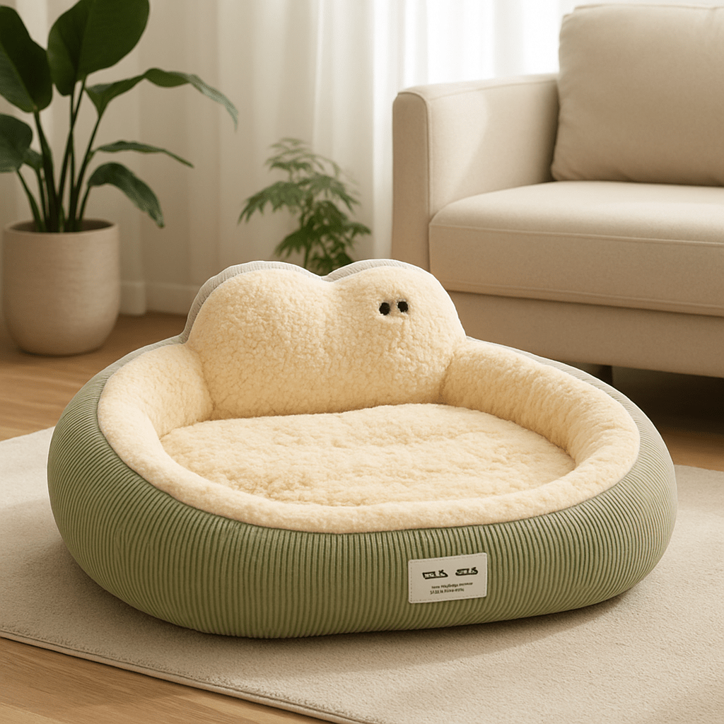 Panier-chien-déhoussable-design de canapé-antidérapant, imperméable et lavable en machine-housse en peluche en imitation peau de mouton ultra-doux et chaud-rembourrage 100% coton haute densité ergonomique-dossier au design mignon avec yeux de dessins animées-forme ovale et arrondi pour chiot et chien de petite à moyenne taille de 0 à 20 kg – couleur vert-panier anti stress pour chiot chien, design mignon aux lignes arrondies