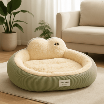 Panier-chien-déhoussable-design de canapé-antidérapant, imperméable et lavable en machine-housse en peluche en imitation peau de mouton ultra-doux et chaud-rembourrage 100% coton haute densité ergonomique-dossier au design mignon avec yeux de dessins animées-forme ovale et arrondi pour chiot et chien de petite à moyenne taille de 0 à 20 kg – couleur vert-panier anti stress pour chiot chien, design mignon aux lignes arrondies