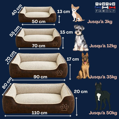 Panier-chien-déhoussable-guide-des-tailles-M-L-XL et XXL dimensions-4-tailles-disponibles-pour les petits chiens aux grands chiens jusqu'à 50kg