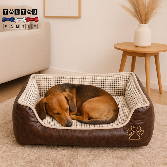 Panier-chien-dehoussable-lavable-un chien qui dort paisiblement couché en boule dans son panier imperméable avec oreiller 100% coton lavable en machine et 100% imperméable de couleur marron et beige 