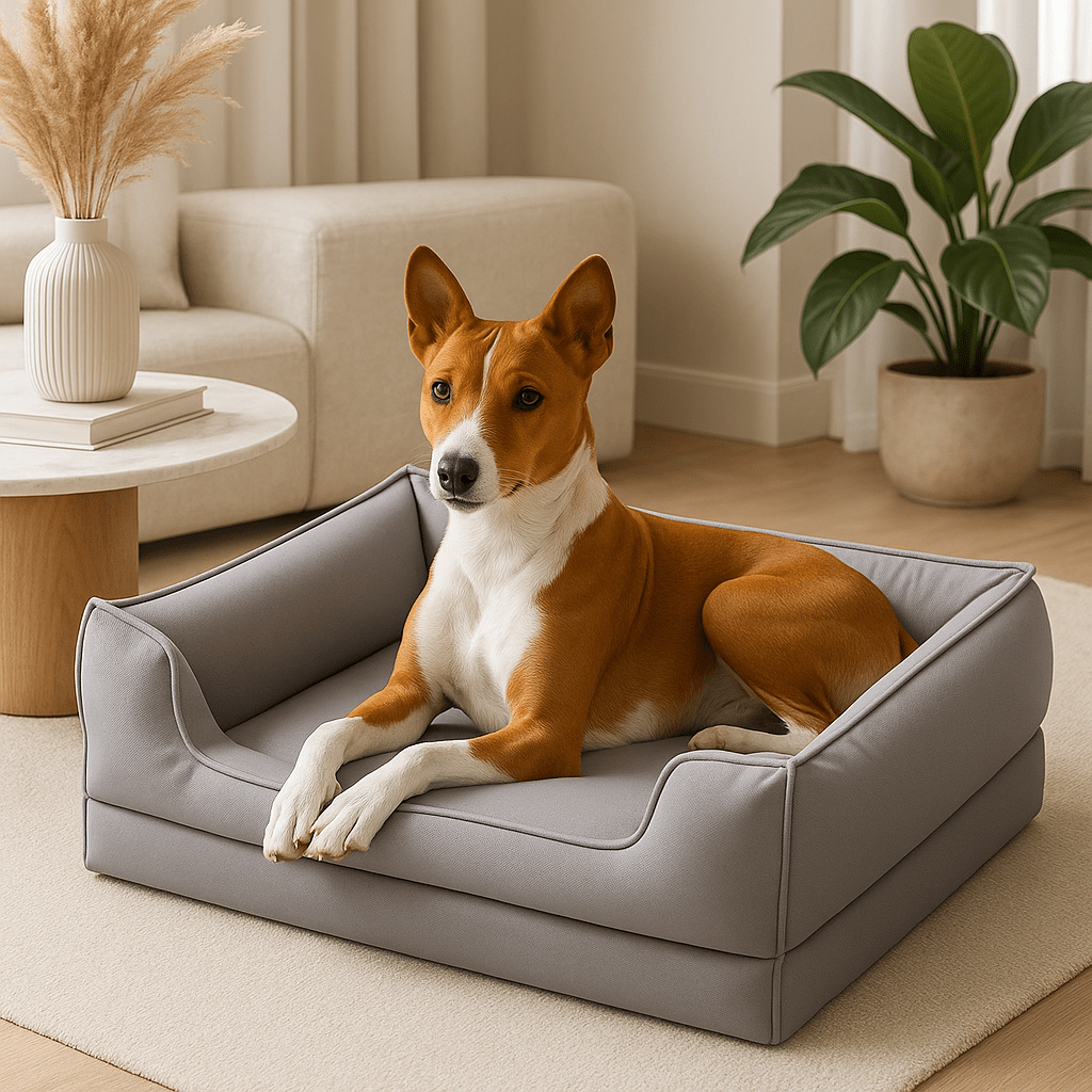 Panier-chien-design-chiot-cuir-matelas orthopédique-rebord ergonomique, entourant et sécurisant-antidérapant-100% imperméable-solide-technologie anti-affaissement-résistant aux griffes-un Basenji couché confortablement sur son panier gris dans le salon moderne de la maison