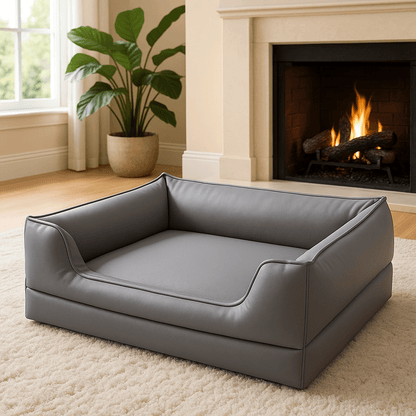 Panier-chien-design-chiot-cuir-matelas orthopédique-rebord ergonomique, entourant et sécurisant-antidérapant-100% imperméable-solide-technologie anti-affaissement-résistant aux griffes-de couleur gris