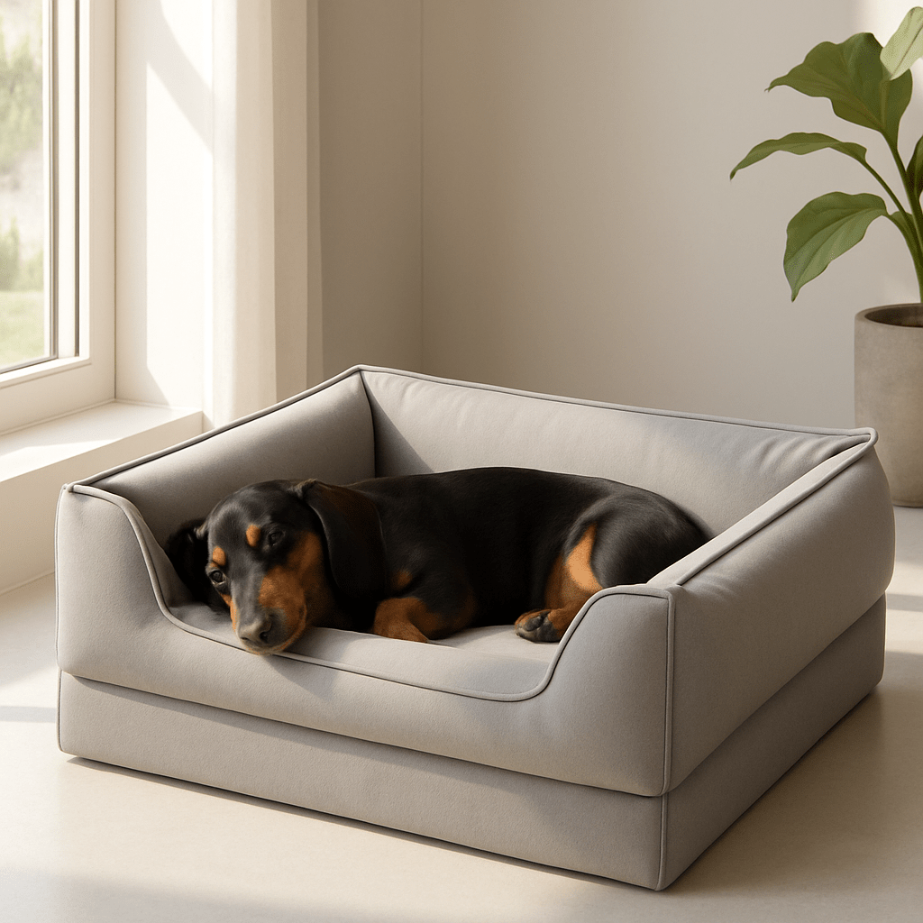 Panier-chien-design-chiot-cuir-matelas orthopédique-rebord ergonomique, entourant et sécurisant-antidérapant-100% imperméable-solide-technologie anti-affaissement-résistant aux griffes-un Teckel qui dort paisiblement en boule dans son panier gris dans le salon de l'appartement 