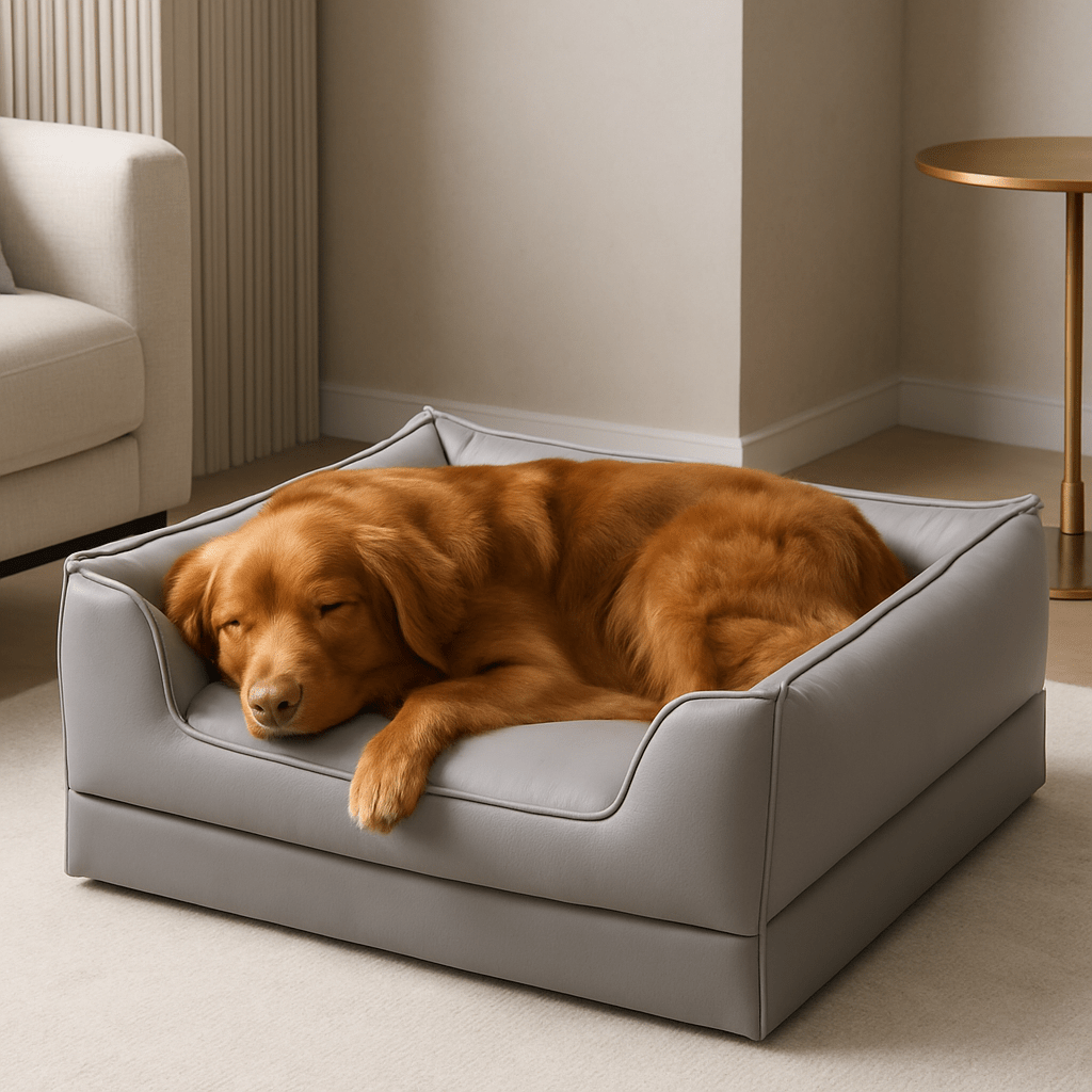Panier-chien-design-chiot-cuir-matelas orthopédique-rebord ergonomique, entourant et sécurisant-antidérapant-100% imperméable-solide-technologie anti-affaissement-résistant aux griffes-un Retriever de la Nouvelle-Écosse qui dort paisiblement dans son panier gris dans le salon de la maison
