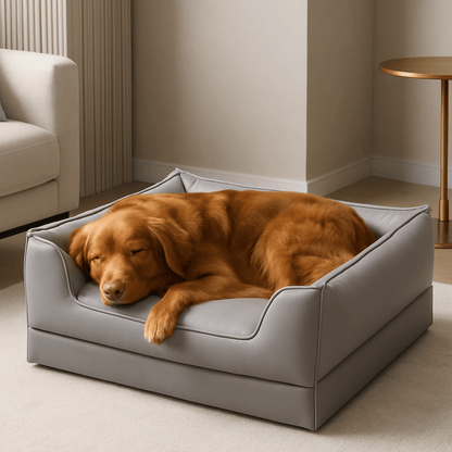 Panier-chien-design-chiot-cuir-matelas orthopédique-rebord ergonomique, entourant et sécurisant-antidérapant-100% imperméable-solide-technologie anti-affaissement-résistant aux griffes-un Retriever de la Nouvelle-Écosse qui dort paisiblement dans son panier gris dans le salon de la maison